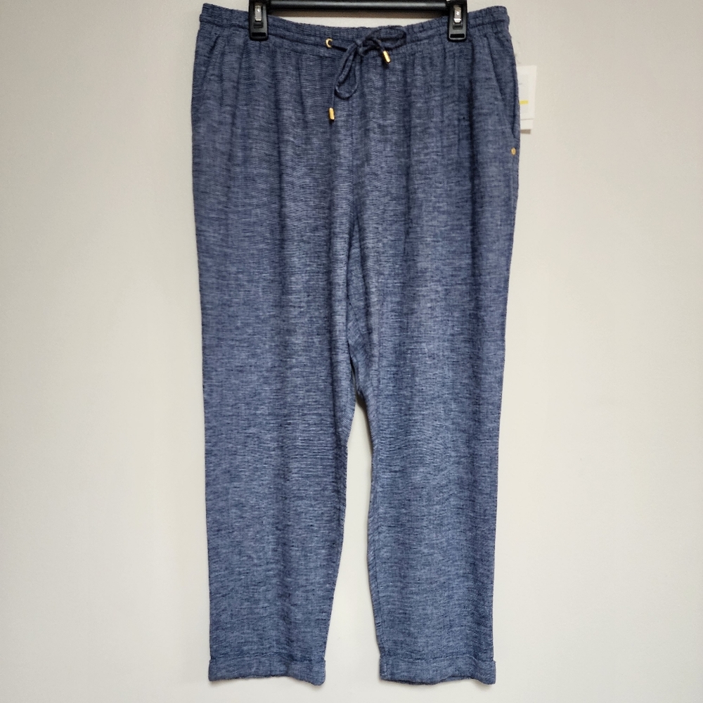 NWT Ellen Tracy linen blue navy pull-on pants medium vacation resort comfy M